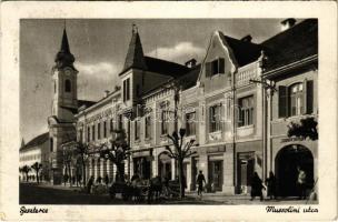 1941 Beszterce, Bistritz, Bistrita; Mussolini utca, szanatórium, Csete László és Potosmann Tobe üzlete, lovaskocsi / street, sanatorium, shops, horse cart (EK)