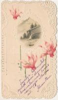 1906 Dombornyomott csipkehatású litho / Pentecost greeting, embossed lace-style floral litho