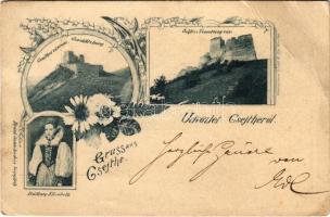 1898 (Vorläufer) Csejte, Csejthe, Cachtice; Temetvény vár, Csejthei várrom, Báthory Erzsébet. Brück Samu kiadása / castles ruins, Báthory. Art Nouveau, floral (vágott / cut)