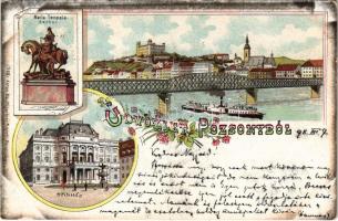 1898 (Vorläufer) Pozsony, Pressburg, Bratislava; Mária Terézia szobor, látkép, híd, vár, színház. Anton Baumgartner kiadása / statue, monument, general view, castle, bridge, theatre. Art Nouveau, floral, litho (fa)