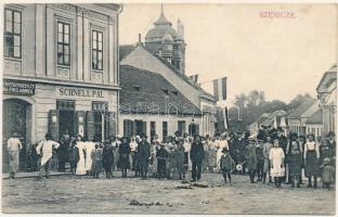 1918 Szenice, Szenicz, Senitz, Senica nad Myjavou; utca, zsinagóga, Pénztáregylet, Schnell Pál üzlete, magyar zászlók / street, shops, Hungarian flags, bank (fl)