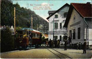 1910 Trencsénteplic, Trencianske Teplice; Villamos vasút főállomása. Wertheim Zsigmond kiadása / Hauptstation der elektrischen Bahn / tram station, tramways, railway station (fa)