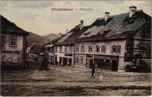 1914 Körmöcbánya, Kremnitz, Kremnica; Alsó utca, Holzmann Gyula és Langer Mór üzlete / street view with shops (fl)