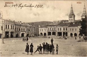 1910 Zsolna, Zilina; Fő tér, Neumann Lipót és Weisz Félix üzlete, piac / main square with shops, market (EK)