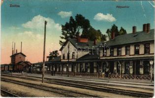 1916 Zsolna, Zilina; Pályaudvar, vasútállomás, vonat. Vasúti levelezőlapárusítás 25. sz. / railway station, train (EB)