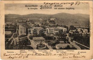 1906 Szliács, Sliac; Pannonia, Otthon, Hungaria, Fürdőház, Buda, Bellevue, Bristol, Újpest, Huszka vendéglő, Amália, Strauss, Dankovsky kávéház és étterem, Pest és Pestszárny szálloda, Izraelita zsidó vendéglő, Üdvözlégy, Üvegház kertész lak / hotels, Jewish restaurant, greenhouse, café, villa (EK)