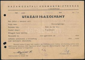 1947 Utazási igazolvány Komáromból magyar kitelepített részére