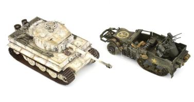 2 db II. világháborús harcjármű makett: Tigris (Pz.Kpfw VI Tiger) tank és amerikai M3 féllánctalpas jármű (légvédelmi gépágyúval felszerelve). Részletgazdag, festett műanyag. Sérült, lejáró darabokkal, h: 19 - 24 cm
