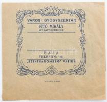 cca 1910 Baja városi gyógyszertár Pitó Mihály gyógyszerész Szentháromság patika recept boríték