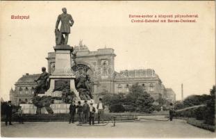 Budapest VII. Baross szobor és központi (keleti) pályaudvar, növényeket locsoló férfi