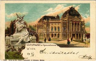 1899 (Vorläufer) Wien, Vienna, Bécs; Volkstheater mit Raimunds Denkmal / theatre, monument. Karl Stücker's Kunstanstalt 7308. Art Nouveau, litho (EK)