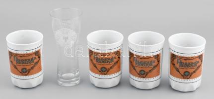 Zsolnay Pannonia Sörgyár (Pécsi Sörfőzde) porcelán poharak, 4 db, m: 11,5 cm + Dreher limitált kiadású üvegpohár, m: 17 cm