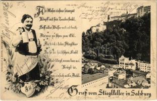 1903 Salzburg, Gruss vom Stieglkeller / restaurant advertisement, Art Nouveau, floral montage (EK)