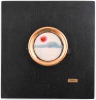 Sor Júlia (1947- ): Napos tenger. Tűzzománc, fém, fa alapon. Jelzett, d: 8 cm, 21x20 cm