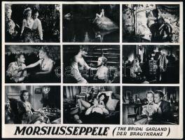 1954 ,,Morsiusseppele" című finn film jelenetei és szereplői, 9 db vintage produkciós filmfotó közös hordozón, azaz 1 db ezüst zselatinos fotópapíron, a használatból eredő (esetleges) kisebb hibákkal, 18x24 cm