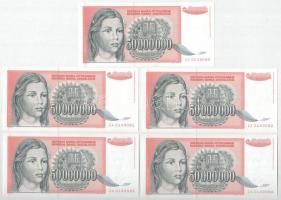 Jugoszlávia 1993. 50.000.000D (5x) pótkiadás, sorszámkövetők &quot;ZA 0148080 - ZA 0148084&quot; T:UNC,AU Yugoslavia 1993. 50.000.000 Dinara (5x) replacement issue, consecutive serials ZA 0148080 - ZA 0148084&quot; T:UNC,AU