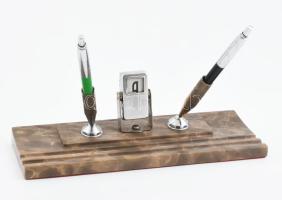 Art deco asztali tolltartó, mechanikus fémházas öröknaptárral, márvány talpon, 2 tollal, jelzés nélkül, 24x85 cm