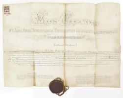 1901 A Kolozsvári Tudományegyetem jogi diplomája léczfalvi Sipos Aladár részére. Pergamen, függő viaszpecséttel, tető nélkül