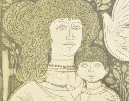 Kass János (1927-2010): Anya gyermekével. Rézkarc, papír, jelzett. Üvegezett fakeretben, a lapon min...