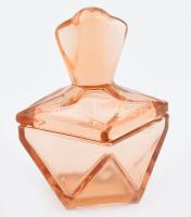 Barackszínű, egyedi formájú üveg bonbonier. Formába öntött, anyagában színezett, hibátlan, m: 11,5 cm