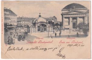 1898 (Vorläufer) Budapest V. Deák tér, Kiosk, Aszódi S. és társa, Kereskedők és Iparosok Banktársasága, Bretschneider Zsigmond és Glanzdorf Péter üzlete. D. Halberstadt (ázott / wet damage)