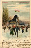 1899 (Vorläufer) Budapest XIV. Városliget, korcsolyázók a pavilonnál télen, magyar zászló. Kunstanstalt Kosmos S. IX. litho