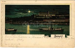 1900 Budapest I. Királyi vár és várbazár este, rakpart, gőzhajók. Regel & Krug. No. 1893. Art Nouveau, litho