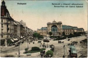 1914 Budapest VII. Baross tér és szobor, Központi (Keleti) pályaudvar, villamosok