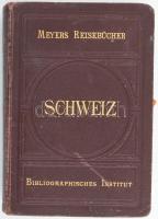 Schweiz. Meyers Reisebücher. Leipzig - Wien, 1904., Bibliographisches Institut. Achzehnte Auflage. Német nyelven. Kihajtható térképekkel, panorámaképekkel illusztrált, valamint nagyméretű Svájz térkép-melléklettel. (A térkép-melléklet általában hiányzik.) Kiadói aranyozott egészvászon-kötés, a borítón kopásnyomokkal, egyébként jó állapotban.