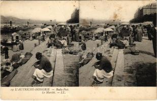 Budapest V. Pesti rakparti piac, árusok. sztereó képeslap / L'Autriche-Hongrie, Le Marché. stereo postcard