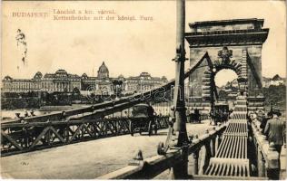 1912 Budapest, Lánchíd és királyi vár, lovashintó, omnibusz Kalodont reklámmal (EK)