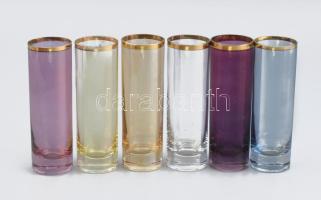 Retró arany szélű, színes pohár, 6db, minimális kopottsággal, m: 13,5 cm
