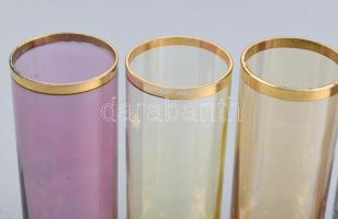 Retró arany szélű, színes pohár, 6db, minimális kopottsággal, m: 13,5 cm