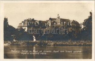 Pöstyén, Piestany; Pohlad na Royal od strandu / Royal vom Strand gesehen / Royal szálloda a strandról nézve / hotel viewed from the beach