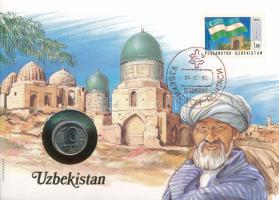 Üzbegisztán felbélyegzett borítékban, bélyegzéssel, német nyelvű tájékoztatóval, benne Oroszország 1992. 10R Cu-Ni T:UNC Uzbekistan in envelope with stamp, cancellation and a prospectus in german, in it Russia 1992. 10 Rubles Cu-Ni C:UNC