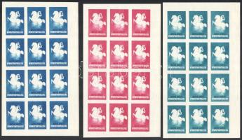1937 Magyar Nemzeti Nyomtatványkiállítás kisív sor, kék. piros, zöld színekben