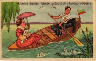 Balaton, Hullámzó Balaton tetején, csónakázik a boldog vőlegény Humoros karikatúra (EK)