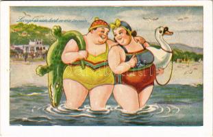 Balaton, "Levegő és zsír tart a víz színén!" humoros karikatúra