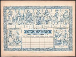 cca 1930-1940 Pataki-féle képes tanórarend, 2 db különböző (repülős, magyar népviseletek), kitöltetl...