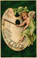 1901 Angyal és festő paletta / Angel with palette. Art Nouveau, litho