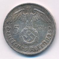 Német Harmadik Birodalom 1937E 5M Ag "Hindenburg" T:XF ph. 
German Third Reich 1937E 5 Re...
