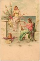 Ókori hölgyek / Ancient era ladies. Art Nouveau, litho (fl)