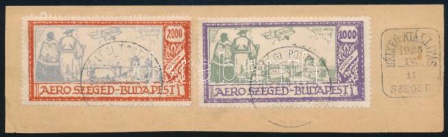 1925 Szeged-Budapest 2 db levélzáró Bélyegkiállítás bélyegzéssel kivágáson
