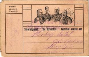 1916 Szövetségeseink - Első világháborús tábori postai levelezőlap a Központi Hatalmak uralkodóival: V. Mehmed, I. Ferdinánd, II. Vilmos, Ferenc József / Die Verbündete / WWI Austro-Hungarian K.u.K. military field postcard, Viribus Unitis and Central Powers propaganda: Mehmed V, Ferdinand I of Bulgaria, Wilhelm II, Franz Joseph I of Austria. Feldpostkarte (EM)