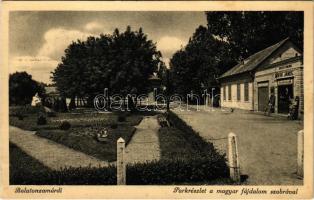 1939 Zamárdi, Balatonzamárdi; Park részlet a Magyar fájdalom szobrával, Bányai János üzlete (EK)