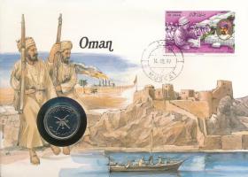 Omán 1987. 50b érmés borítékban, bélyeggel és bélyegzéssel, német nyelvű ismertetővel T:UNC Oman 1987 50 Baisa in coin envelope, with stamp and cancellation, with German description C:UNC