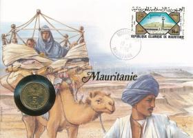 Mauritánia 1990. 5O érmés borítékban, bélyeggel és bélyegzéssel, német nyelvű tájékoztató lappal T:AU Mauritania 1990. 5 Ouguiya in envelope with stamp and cancellation, with German description C:AU