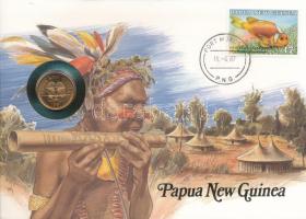 Pápua Új-Guinea 1987. 2t Cu-Zn felbélyegzett borítékban, bélyegzéssel, német nyelvű tájékoztatóval T:1 patina Papua New Guinea 1987. 2 Toea Cu-Zn in envelope with stamp, cancellation and a prospectus in german C:UNC patina