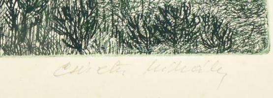 Csisztu Mihály (1933-2008) Tokaji Tiszahíd. Rézkarc, papír. Jelzett. Számozott: 43/100, 22x43 cm