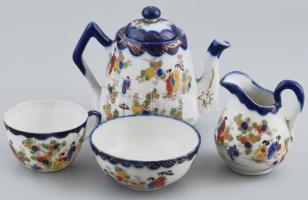 Japán porcelán teáskészlet darabok: kiöntő, pohár, tálka, vegyes állapotban, sérüléssel, jelzéssel